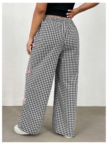 Verdusa Women's Plus Size Gingham Plaid Bow Pants Drawstring High Waisted Wide Leg Loose Trousers2