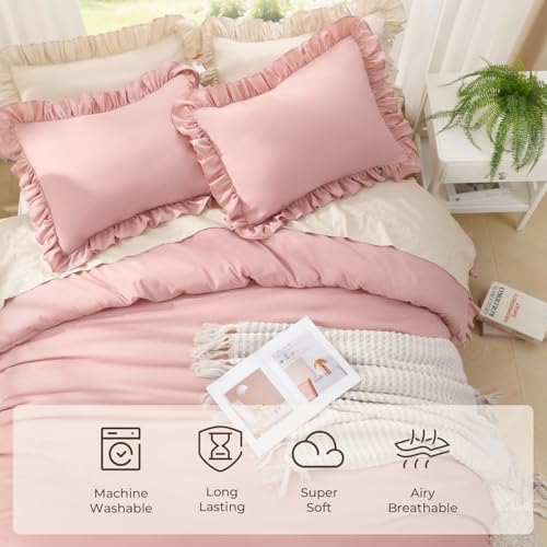 Image of Litanika Full Size Comforter Sets, 3 Pieces Blush Pink Ruffle Girls Women Cute Bedding Comforters & Sets, Lightweight Fluffy Microfiber as Gift (79x90In Comforter & 2 Pillowcases)