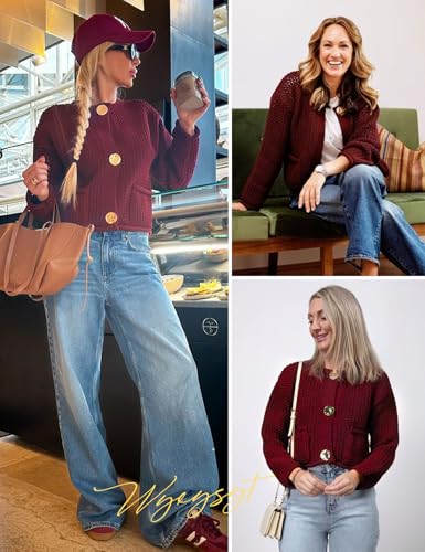 Image of Wyeysyt Womens Cropped Cardigan Sweaters Chunky Knit Gold Button Down Open Front Cardigan Long Sleeve Crop Crochet Sweaters