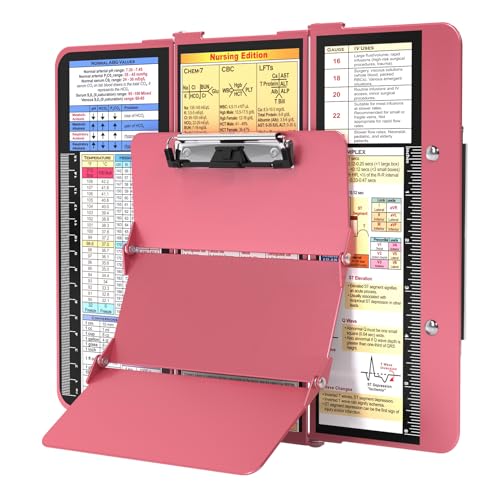 Image of Nursing Clipboard Foldable, Foldable Clipboard w /Nursing Edition Cheat Charts,3 Layers Aluminum, Nurse Clip Board w /Low Profile Clip&Pen Clip Pocket for Students, Nurses and Doctors, Rose