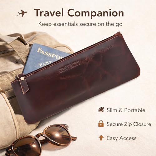 Image of CONTACTS Genuine Leather Small Pouch Multipurpose Utility Bag Zipper Pencil Pouches Holder Aesthetic for Adults Men Women Boys Coin Purse Money I Pen I Key I Tool Jewelry Bag - Brown
