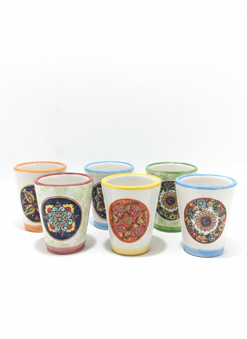 Generico Set de verres à liqueur en céramique artisanale italienne - Peints à la main - Idéal pour Limoncello, Amaro et Café - Décors faïence et citrons (6, majoliques)