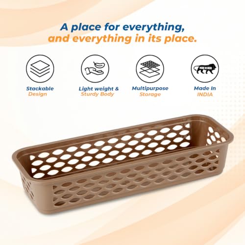 Image of RATAN PLASTICWARE Diana Tray Rectangular-Narrow (Pack of 6) Plastic Storage for Desk Basket /Organizers for Stationery, Jewellery, Tools,Kitchen, Office-Lt Brown