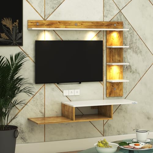 Image of Anikaa Wintor Engineered Wood Wall Mounted TV Unit with 4 LED Lights, 3 Open Shelves,1 Storage Box & Decorative Display Shelf for Living Room | Ideal for Upto 43 Inch TV- Gaintwood /White(DIY Assembly)