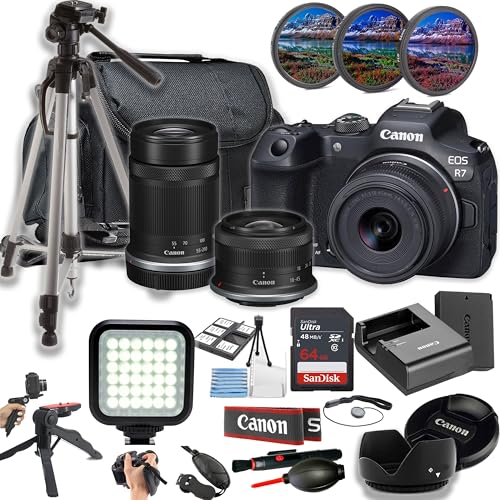 Canon EOS R7 Mirrorless Camera w/RF-S 18-45mm and 55-210mm Lens + LED Light + 64GB Memory + Filters + Case + Tripod + Grips + Hood, and More (26pc Bundle) (Renewed)