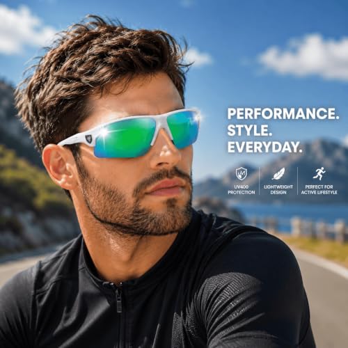 Image of Sports Sunglasses, Green Lens /White | Full-Coverage UV400 Protection, Hydrophobic Mirrored Lens, Lightweight Shatterproof Design, Mercury