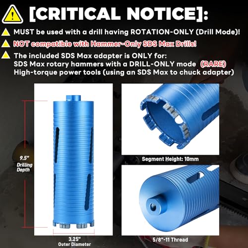 Image of 3-1 /4 inch Core Drill Bit with 3 Adapters Included: SDS Plus, SDS Max and 1 /2 inch Hex Abor, 5 /8 inch-11 Thread, 9.5 inch Drilling Depth Core Bits for Concrete Brick Block, Motar, Masonry(83mm)