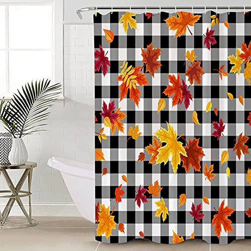 Yogaly Shower Curtain for Bathroom Thanksgiving Fall Maple Leaves on Buffalo Plaid Black White Polyester Fabric Shower Curtain with Hooks, Waterproof Bath Curtain, Machine Washable 60"(W) X72(L)