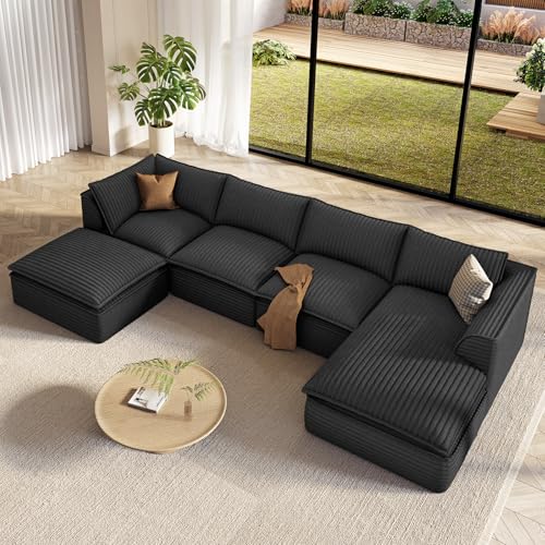 Image of Vesgantti 141.7 inch U Shaped Sectional Boneless Couch, Modern 6 Seater Modular Sofa with Chaise & Ottoman, Deep Seat Plush Corduroy Cloud Couches for Living Room, No Assembly Required, Dark Gray