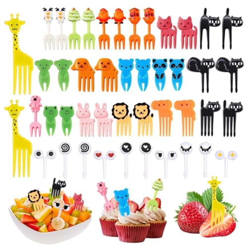 Mini tenedores de frutas de animados, 46 PCS Palillos de Dientes de Animales, Mini Tenedores Infantiles Reutilizables de Frutas, Niños de Dibujos Animados para Lonchera Fiesta té Cumpleaños Colegio