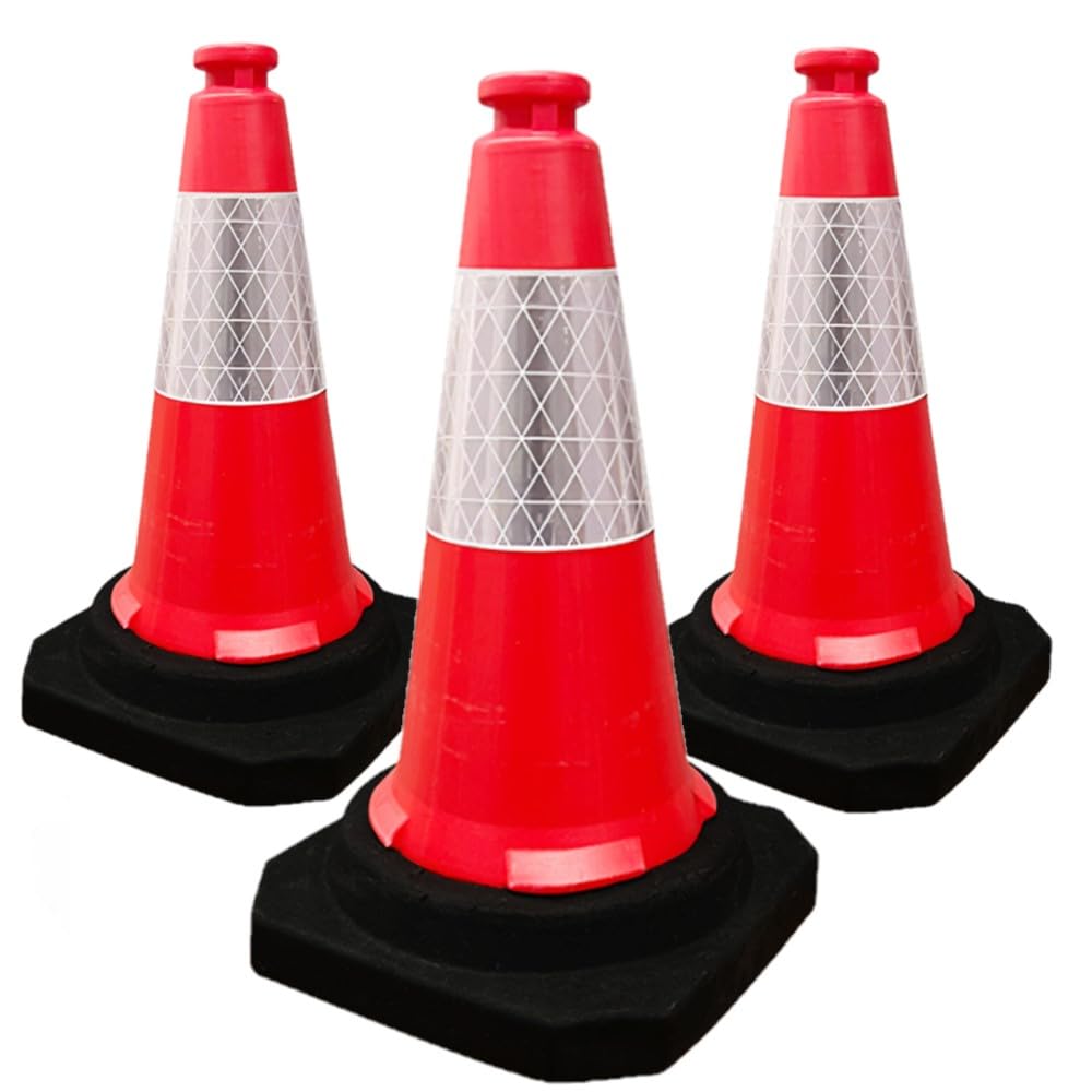Berry 50CM Traffic Cone | High Visibility Safety Cone with Black Base | 20Inch PE Portable Road Cone for Street, Driveway & Parking Safety | Wind Resistant Reflective Traffic Cone - Set of 3 โ image 1