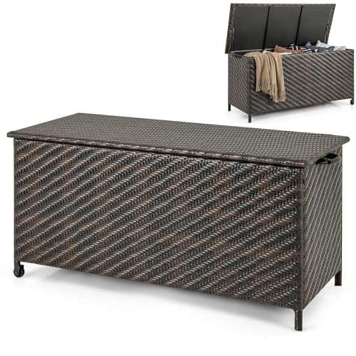 COSTWAY 320L Garden Storage Box, Waterproof Rattan Deck Box with Wheels, Handle, Zippered Liner & Gas Strut, Indoor Outdoor Patio Wicker Chest Container Table for Cushion Tool Toy (Diagonal Style)