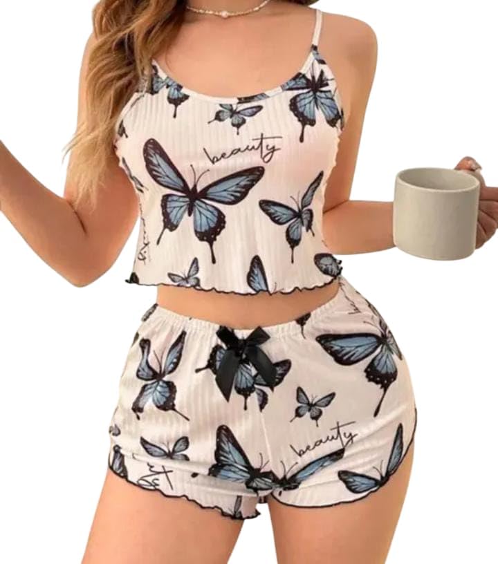 Women's Butterfly Print Pajama Set, 2-Piece Camisole and Shorts Sleepwear for Summer Lounge-picture-39