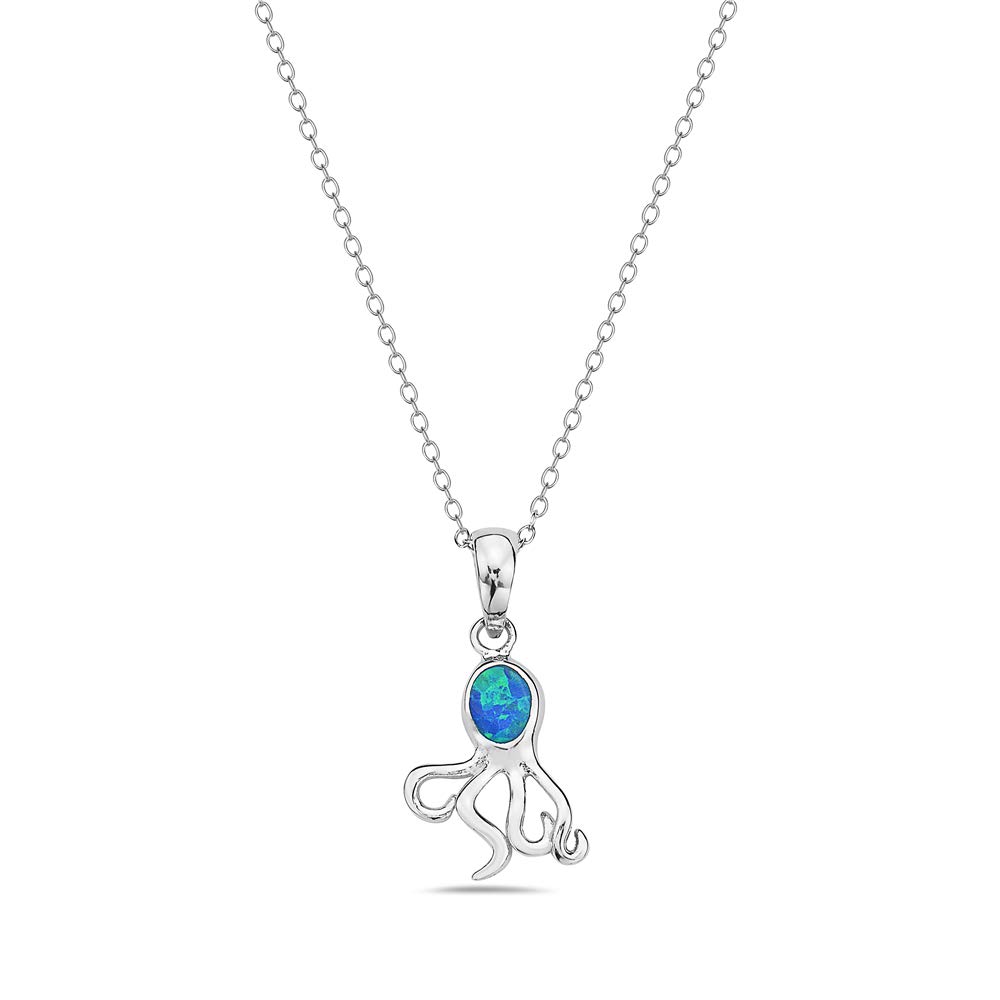 925 Sterling Silver Blue Turquoise-Tone Simulated Opal Octopus Pendant Necklace