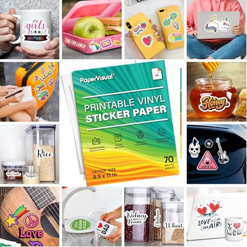 Image of Premium Printable Vinyl Sticker Paper for Inkjet and Laser Printer - 70 White Matte Sticker Paper Waterproof - Excellent Adhesion Paper 8.5 x 11, Fast Dry, Holds Ink Well, Great for Cutting Machines