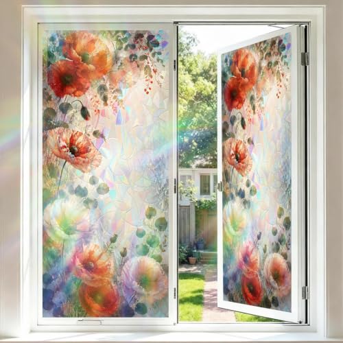 Image of Watercolor Poppy Holographic Window Film 17.32x39.37in Cling
