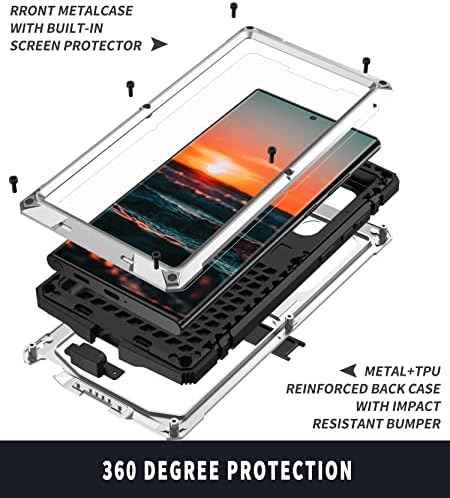 Samsung Galaxy S22 Ultra 5G Metal Case,Outdoor Sports Military Shockproof Heavy Duty Dustproof Full Body Protective Armor Rugged Case with Tempered Glass Screen Protector (S22 Ultra, Black)