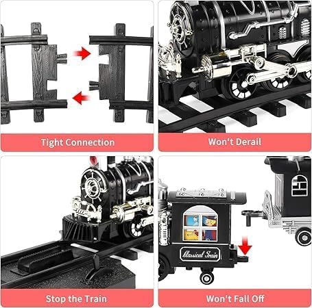 Image of Classical Electric Train Set for Boys - 16 Piece Railway Track Train Set with Light, Sound & Real Smoke Effect - Rechargeable Battery Operated Steam Engine Train Toy with Classic Track Gift