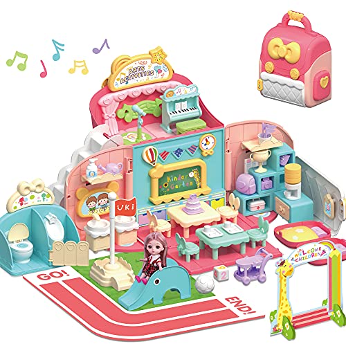 iPlay, iLearn Kids Dollhouse Toy, Girls Pretend Play Doll House School Playset W/ Portable Backpack, Birthday Gifts 3 4 5 6 Year Old Preschool Toddler