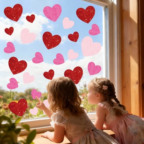 Image of 9 Sheets Valentines Day Window Clings Decorations, Red Heart Decor Stickers | Red Pink Heart Decals for Home, Office, Classroom, Car, Happy Galentine's Day Party, Indoor Cute Romantic Cupid Decor