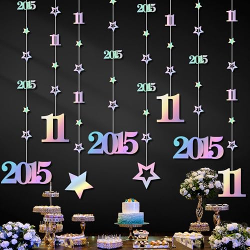 Image of Eucutur Iridescent 11th Birthday Decorations for Girls Boys, Pre-Strung Glitter Twinkle Number Vintage 2015 11 Years Old Hanging Streamer Banner Party Supplies, Eleven Birthday Gift Decor