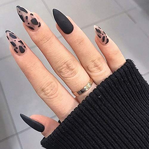 Bmadge Stiletto Leopard Press on Nails Medium Matte Fake Nails with Design Cow Full Cover Artificial False Nails Tips for Women and Girls 24pcs (Style K)