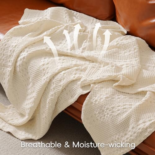 Image of PHF 100% Cotton Waffle Throw Blanket for Couch, Lightweight Breathable and Soft for Summer, Luxury Aesthetic Waffle Weave Blanket for Home Decor & Office, Gifts for Women, 50 inchx60 inch, Natural