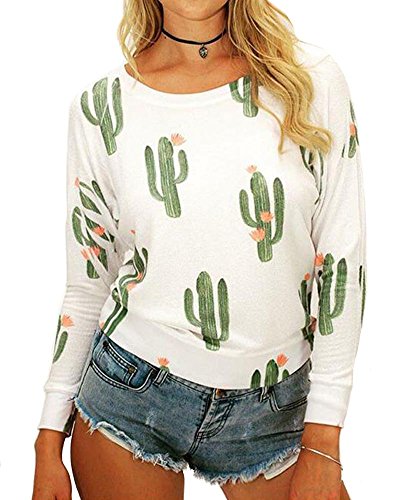 KUFV Womens Cactus Printed Crew Neck Long Sleeve Sweatshirt Jumper Hoodie Tops White