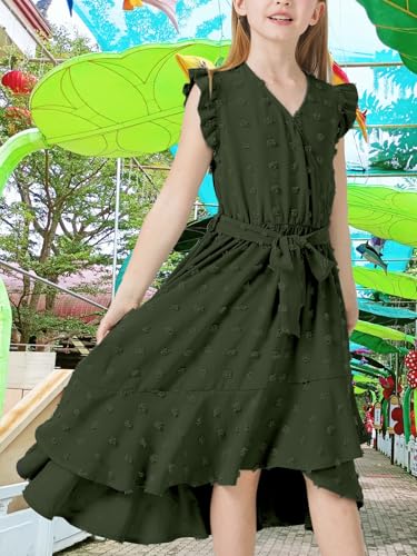 Girls Dresses 2025 Summer V Neck Dress Cap Sleeve Swiss Dot Boho Ruffle Slit Flowy High Low Long Maxi Dresses for Kids2