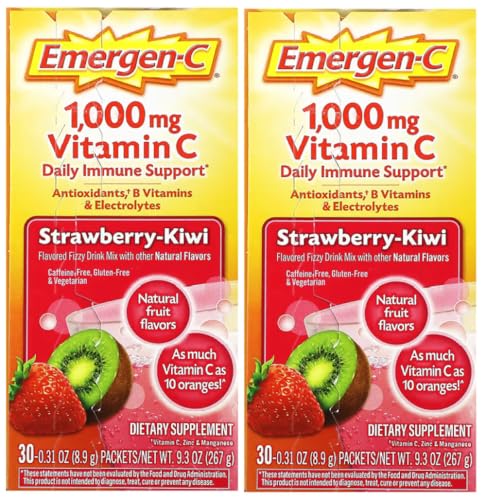 Emergen-C 1000mg Vitamin C Powder, Strawberry Kiwi Flavor, Antioxidants, B Vitamins and Electrolytes, Vitamin C Supplements for Immune Support, 30 Count (Pack of 2)