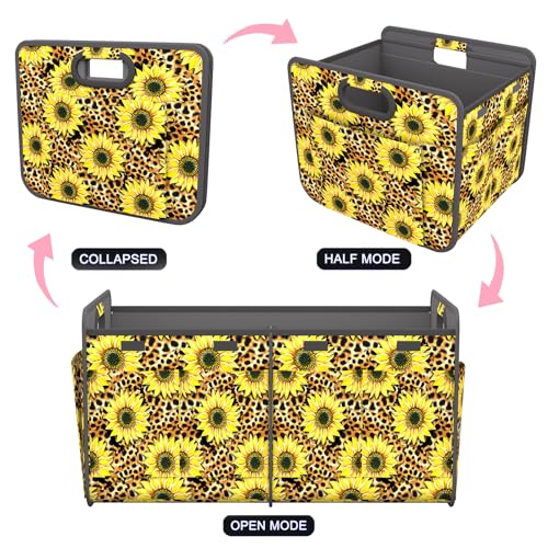 Image of Homeve Car Trunk Organizer for SUV, 18.5Gal Large Capacity No-Sag Heavy Duty, Foldable Waterproof Anti-Slip Storage with 12 Pockets, Fit Sedan, Truck, Universal Car Accessories,Sunflower Leopard Print