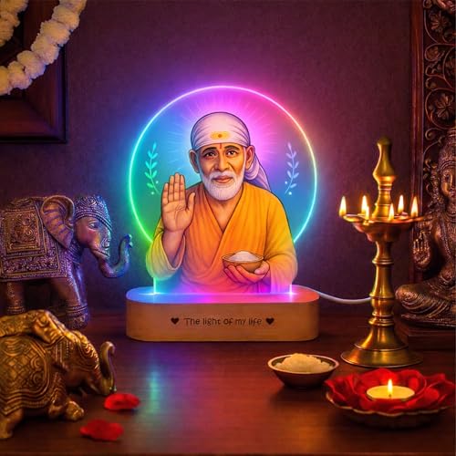 Image of ZOCI VOCI Shirdi Sai Baba LED Lamp with Wooden Base - Spiritual Night Light for Pooja Room, Sai Baba Photo Frame Light for Home Temple Decor, Diwali Gift, Bedside Table Lamp (RGB Smooth - (No Remote))