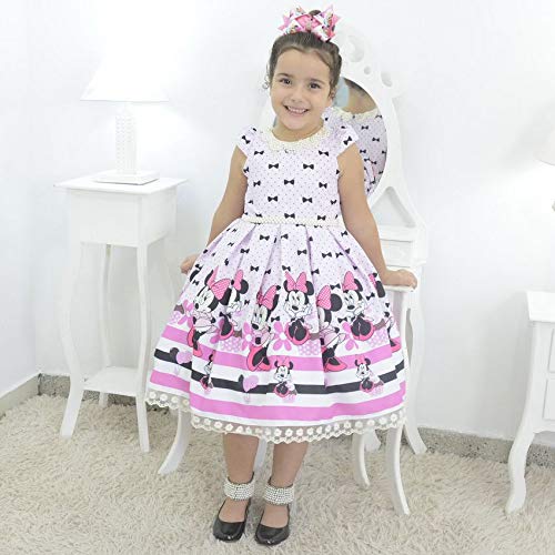 Vestido infantil tema Minnie Rosa com bordado em perolas