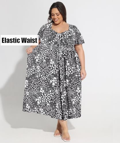 Image of CARCOS Plus Size Dresses for Curvy Women Tie Sweetheart Neck Summer Maxi Dress Short Sleeve Empire Waist Floral Boho Dress