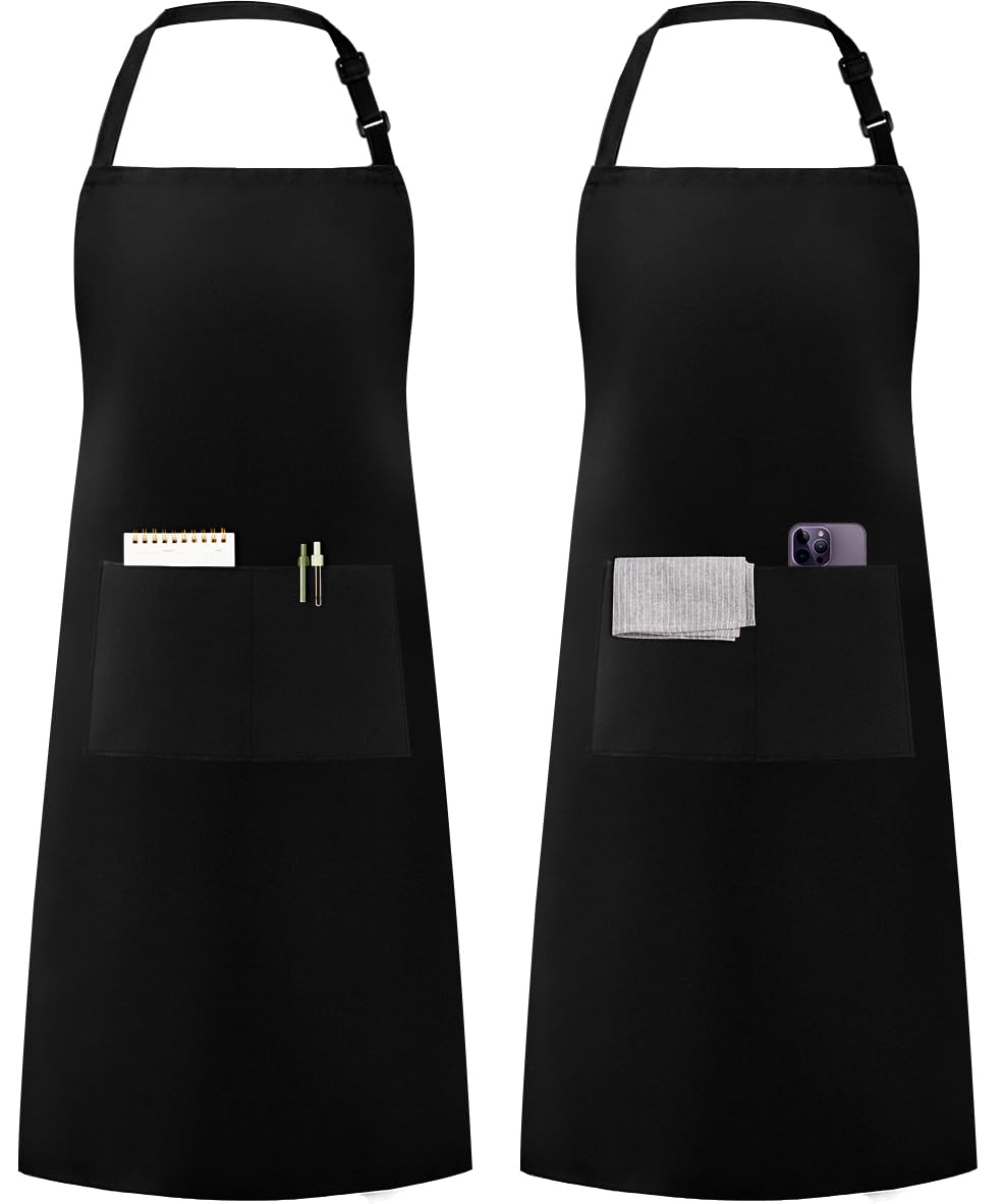 Syntus Women's Black 2 Pack Adjustable Bib Apron Waterdrop Resistant With 2 Pockets Cooking Kitchen Aprons For Men Chef,