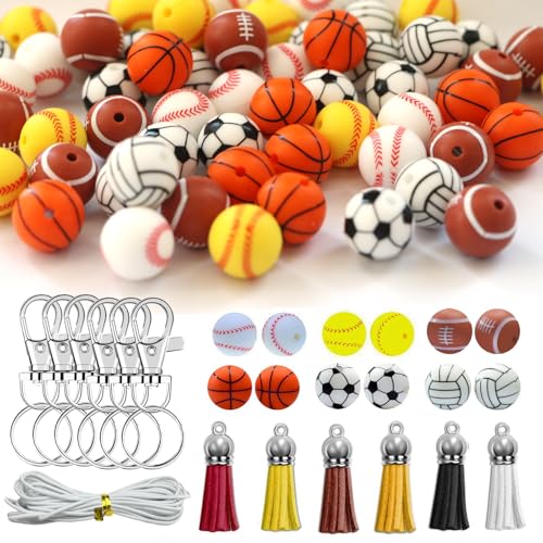 Xzyden Silicone Beads, 60pcs 15mm, Bulk with 6 Keychain & Tassels, 5M Lanyard Making Jewelry DIY Crafts