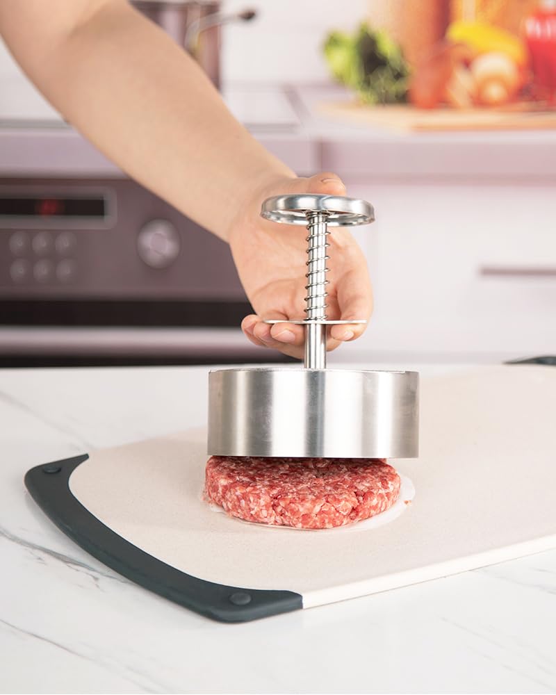 Condition photo showing New/Like New for brigii burger press, 4.5" 304 stainless steel hamburger press patty make | spring back design, thickness guide 100g-400g, easy release, no coating, no rust, dishwasher safe, for ground beef patties