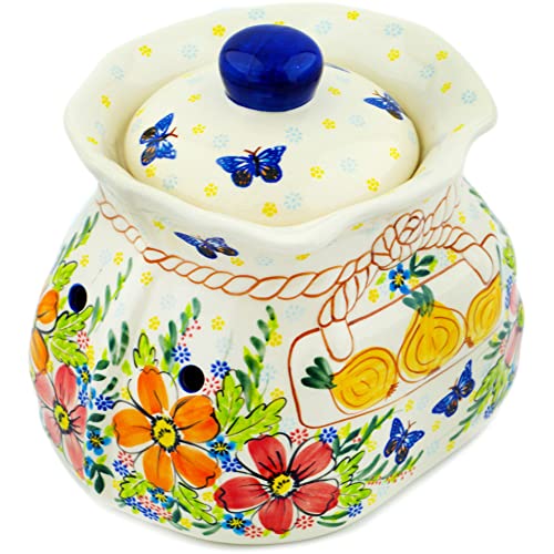 Polish Pottery 8¾-inch Garlic and Onion Jar (Retro Garden Theme) Signature UNIKAT + Certificate of Authenticity