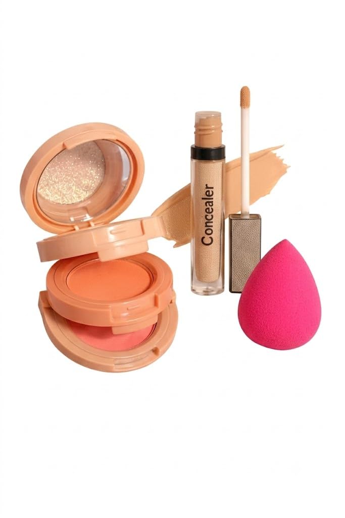 3-in-1 Blusher & Highlighter Palette with 3-in-1 Concealer and 2 Makeup Brushes | Face Makeup Combo Kit for Contouring, Highlighting, Concealing & Everyday Makeup (Set of 4)-image-46
