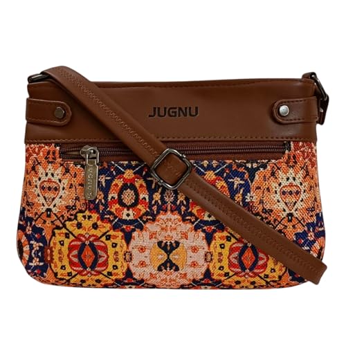 Image of JUGNU Sling Bag for Women, Jute Fabric, Crossbody Style, Slim Design, Multicolour, Medium Size, Lightweight, Adjustable Strap, Zipper Closure, 5 Pockets
