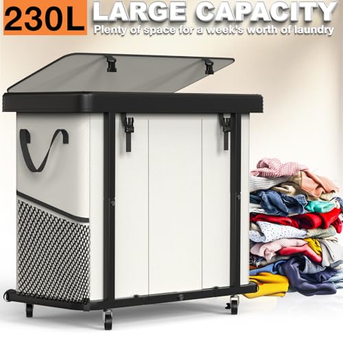 Image of 230L (60 Gal) Large Fashion Laundry Basket with Wheels, Leather Patchwork Laundry Sorter 3 Section, Sturdy Metal Frame, Removable Washable Bag, Tall Clothes Sorter for Bedroom - Beige