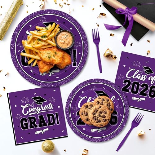 Image of Graduation Party Supplies Set for 50 Guests, Purple Graduation Plates and Napkins 2026, 200Pcs Disposable Grad Plates, Napkins, Dessert Plates and Forks for 2026 Wedding, Birthday, School Ceremony