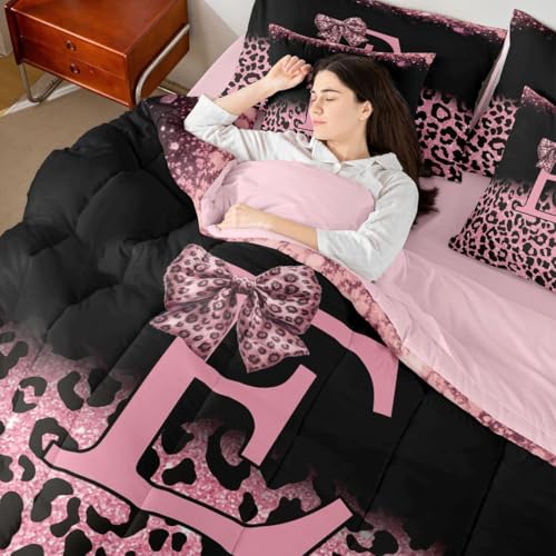Image of Feelyou Pink Leopard Bow Full Comforter Set with Sheets for Kids Boys Girls Initial Letter E 7 Pieces Bedding Set Girly Bowknot Bed in a Bag Room Decor Soft Lightweight Microfiber