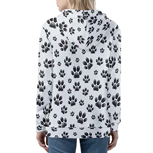 Belidome Kapuzenpullover mit Reißverschluss für Damen, Sweatshirt, Jacke, athletisches Fitnessstudio, T-Shirt, Schwarze Pfotenabdrücke, 48