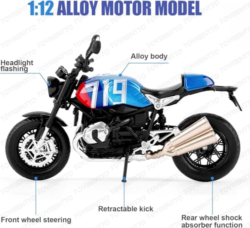 Image of 1:12 Scale BMW R NineT Die-Cast Bike Model with Light & Sound - Pull Back Toy Motorcycle for Kids & Collectors Blue