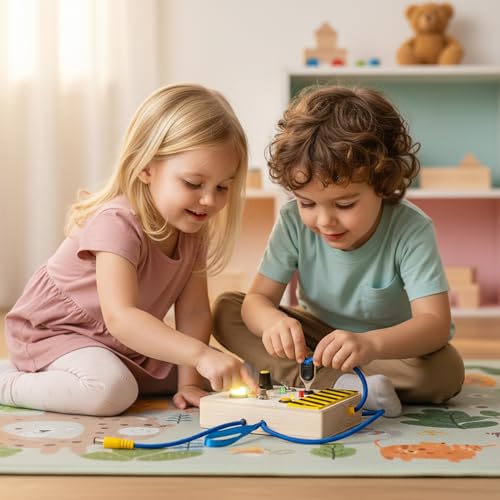 Image of Montessori Wooden Busy Board for Toddlers 1-5 Years | LED Lights & Car Sounds, Learning Activity Panel, Fine Motor Skills Educational Toy, Screen-Free, Travel-Friendly Playset