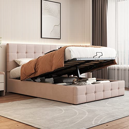 Cama tapizada con cajonera hidráulica y cabecero de altura ajustable, somier de láminas de metal y funda de terciopelo para ahorrar espacio de almacenamiento para dormitorio/dormitorio juvenil