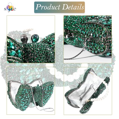 Image of Handmade Inlay Rhinestone Bow Clutch Bag for Women, Sparkling Evening Party Wedding Purse with Detachable Pearl Chain