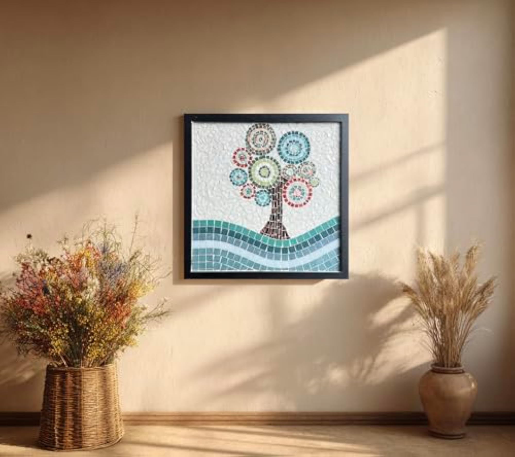 Handmade Glass Tile Wall Framed Tree Design Decorative Artwork