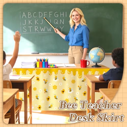 Image of 9FT Honey Drip Bee Table Skirt Bumblebee Teacher Desk Skirt Classroom Table Cover for Back to School Decor Rectangle Tablecloth for Farm Birthday Party Decorations Home Dorm Office Bookcase Cabinet
